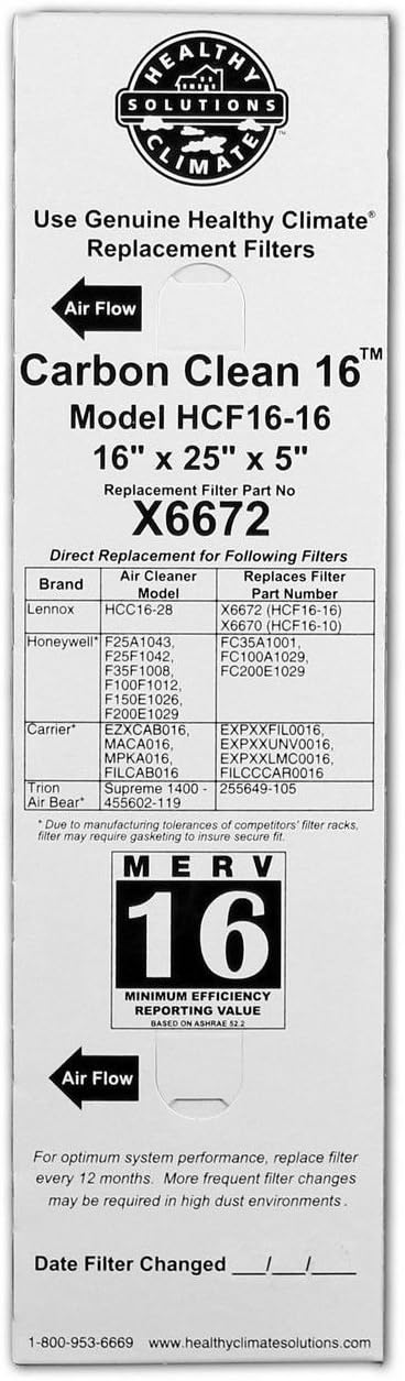 Lennox Carbon Coated X6672 Healthy Climate MERV 16 Filter (2 Pack) - Replacement Furnace Filters - 