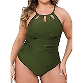 CUPSHE Plus Size One Piece Swimsuit for Women High Neck Cutout Bathing Suit Self Tie Curvy Slimming Swimwear