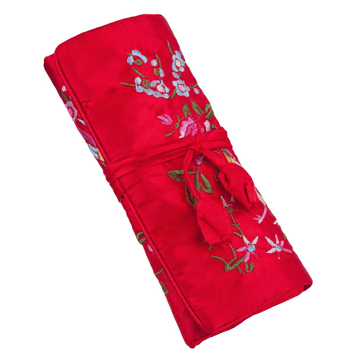 Mookaitedcor Garden Design Embroidered Jewellery Roll with Beautiful Flowers, Bag Organiser for Earrings, Necklaces, Bracelets, Watch red