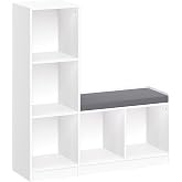 RiverRidge Kids 5-Cubby Reading Bench with Cushion and Toy Storage, White | Bookcase Bench with 5 Bookshelf Cubbies, Painted MDF, Playroom Storage Organizer, Kids Reading Nook