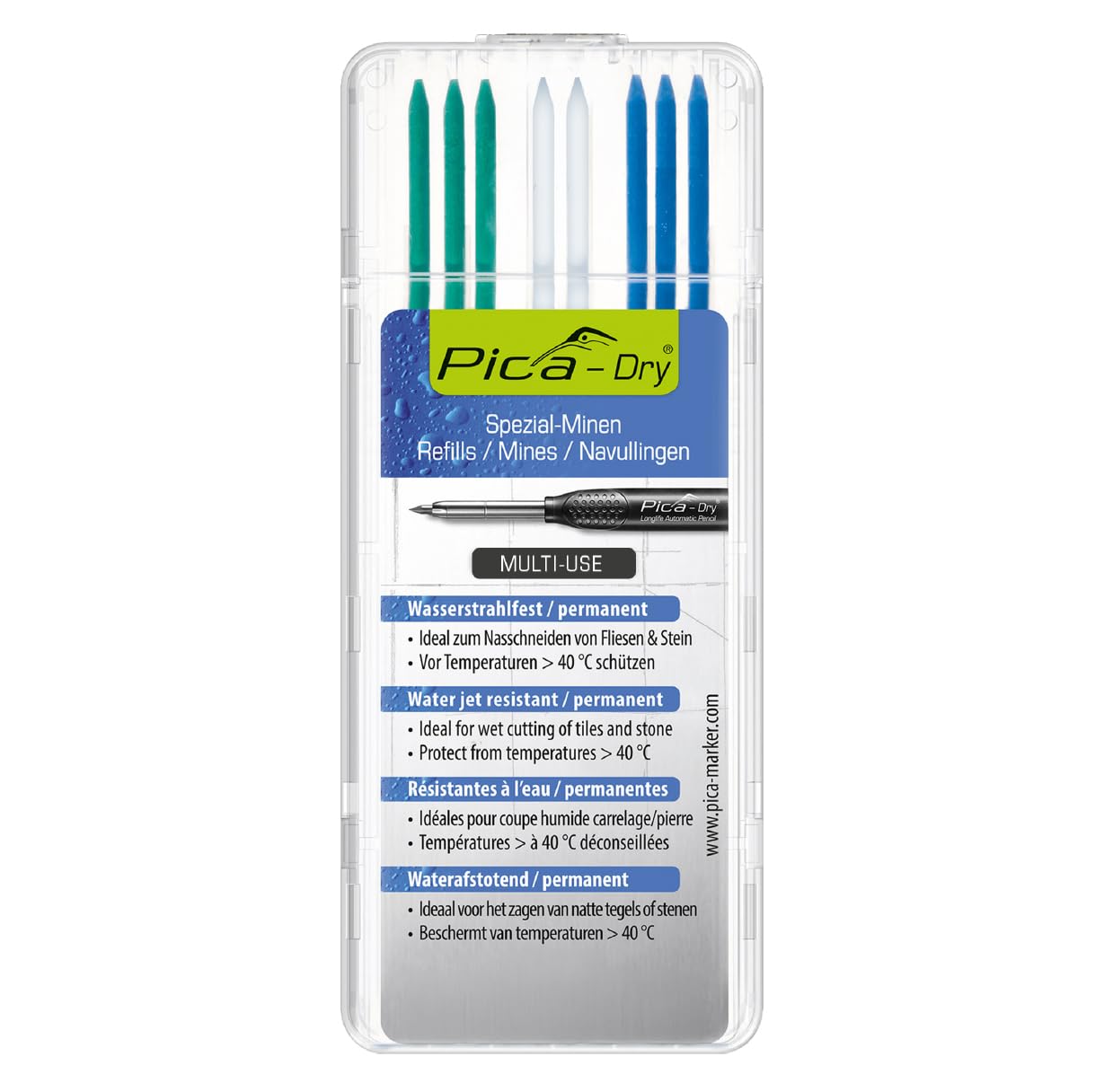 Pica 4040 Dry Refills For Automatic Pencil 3030 Set Of 8 3 Blue,2 White,3 Green