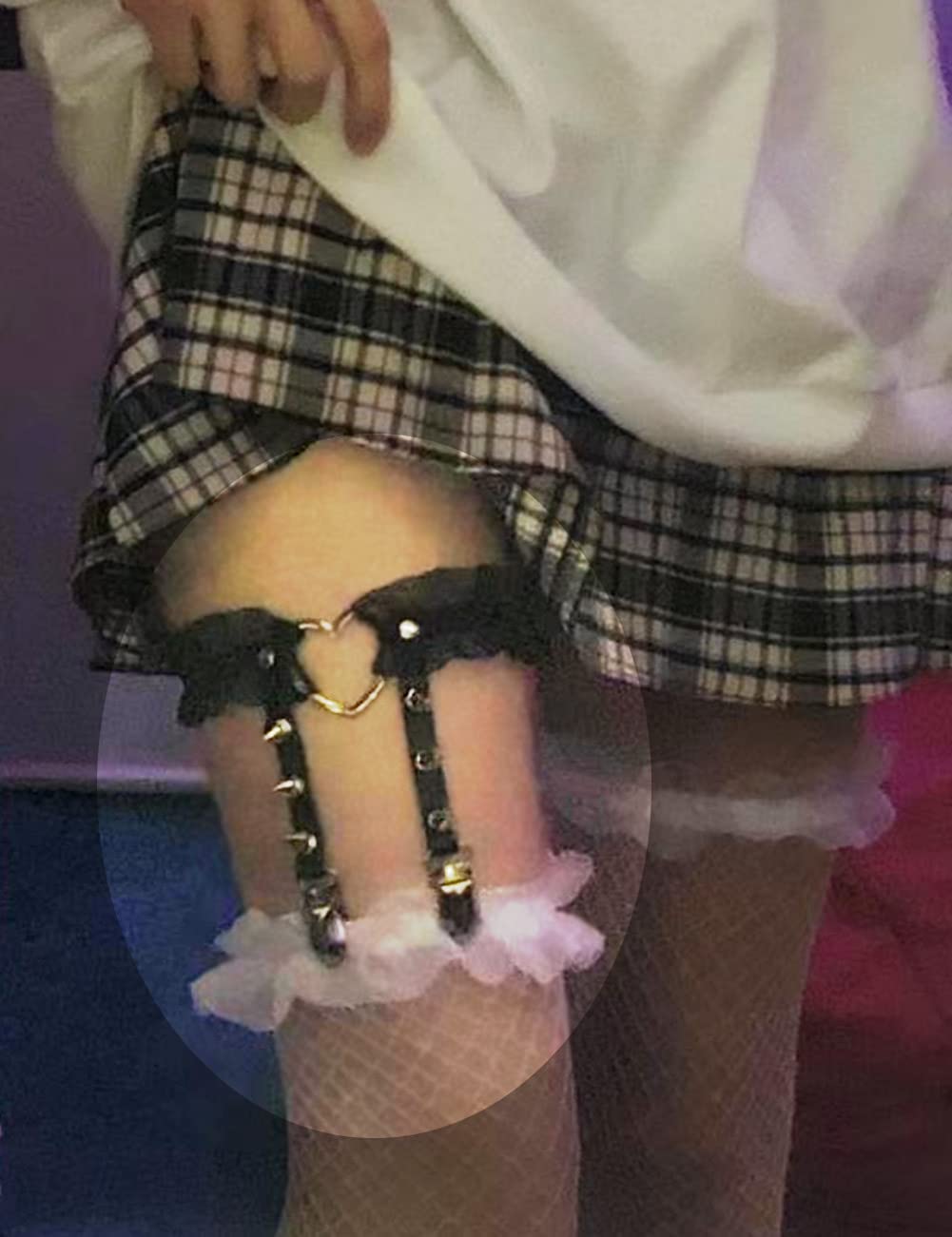 Adove Women Adjustable Leather Thigh Garter,Lace Heart Shaped Leg with Clips punk goth for thigh high socks