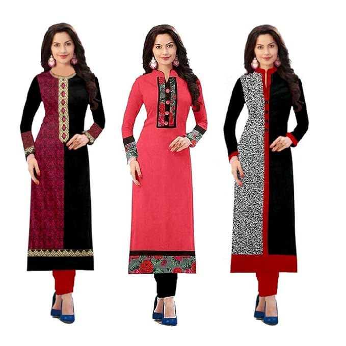 Women's Cotton Semi-Stitched Straight Kurti (1002.10171015, Multicolour, Free Size) - Pack of 3