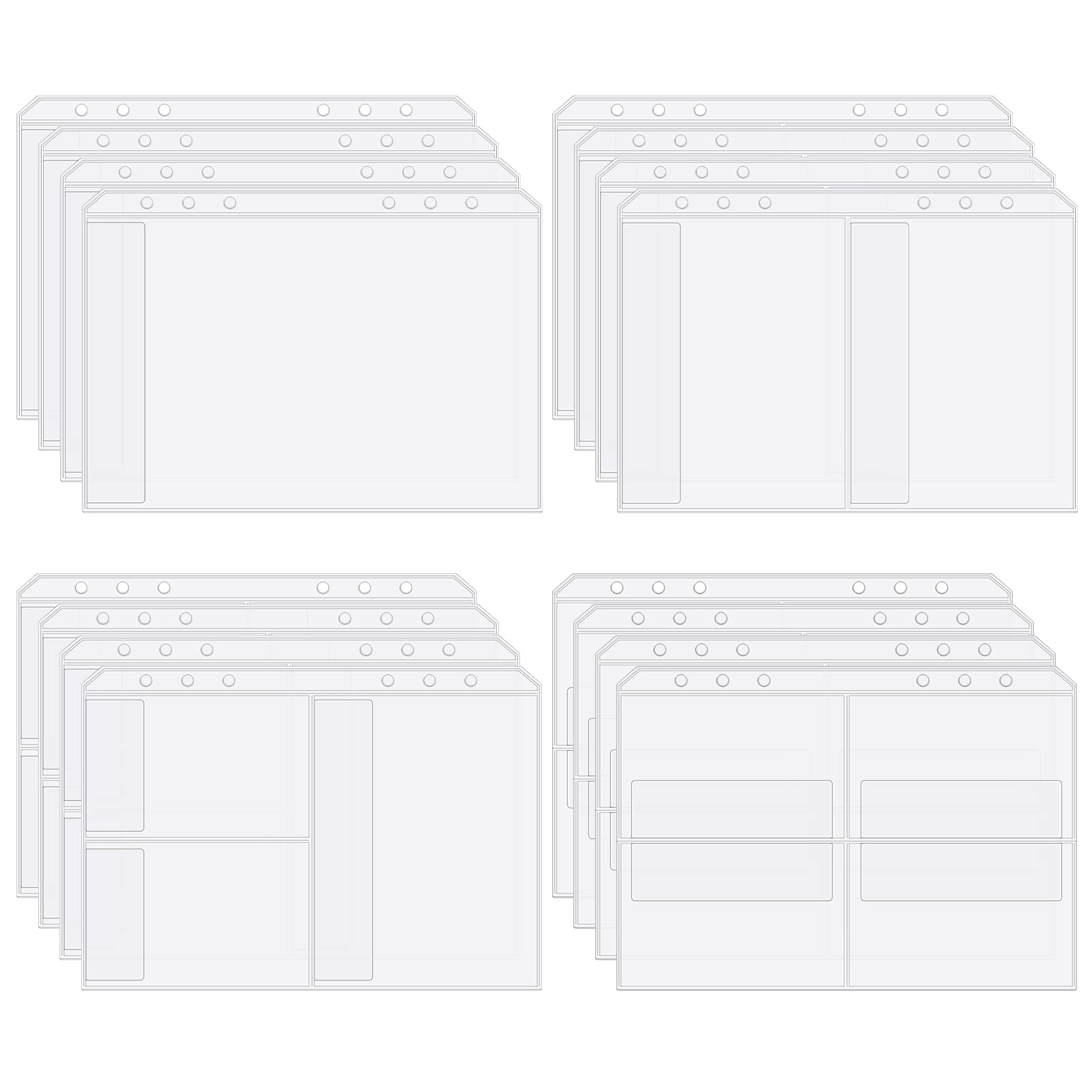 A5 6-Holes Binder Pockets 16 PCS Waterproof PVC Binder Envelopes Pockets with Flap Loose Leaf Bags for Card Storage Stationery Photo Small Items Organizer(4 Different Types)
