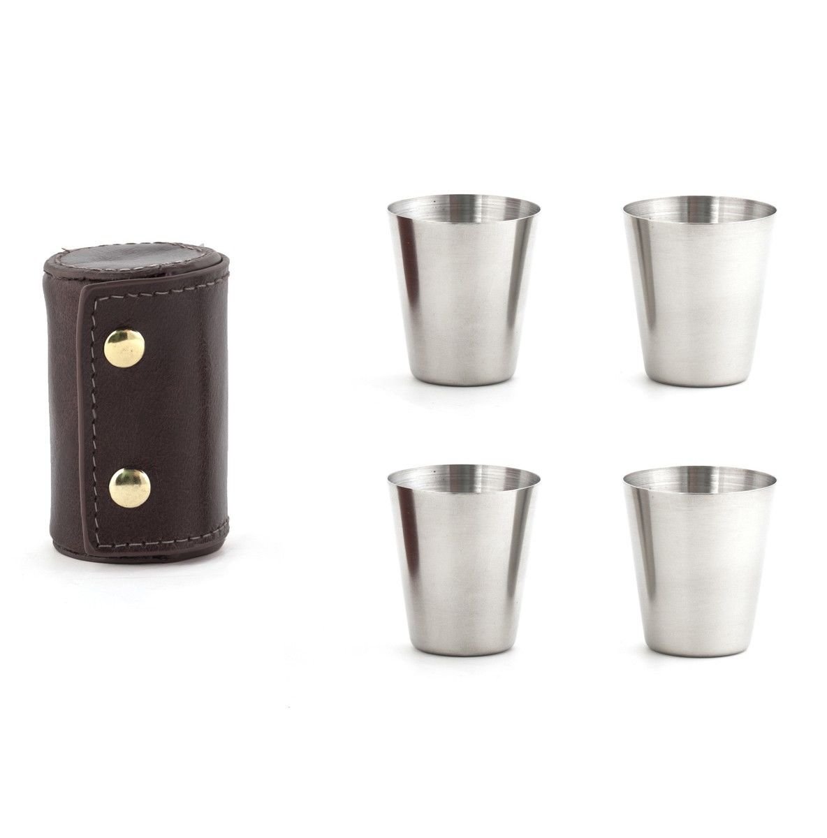 Kikkerland BA59 Shot Glasses with Leather CASE, Stainless Steel, Brown, 5 Piece Set