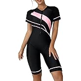 ECUPPER Women One Piece Short Sleeve Swimsuit Boyleg Rash Guard Covered Surfing Suit Zipper Bathing Suit with Built in Bra