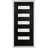 36 x 80 Fiberglass Entry Door with Brickmould, Left Hand Inswing | Frosted Glass, Black Finished Knock-Down Fiberglass Door, Contemporary Style for Home's Front Entrance, White Vinyl Frame