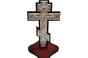 Orthodox Standing Crucifix, Wood Cross with Silver and Gold Plated Detailing, Dark Mahogany Base, Religious Altar Decor