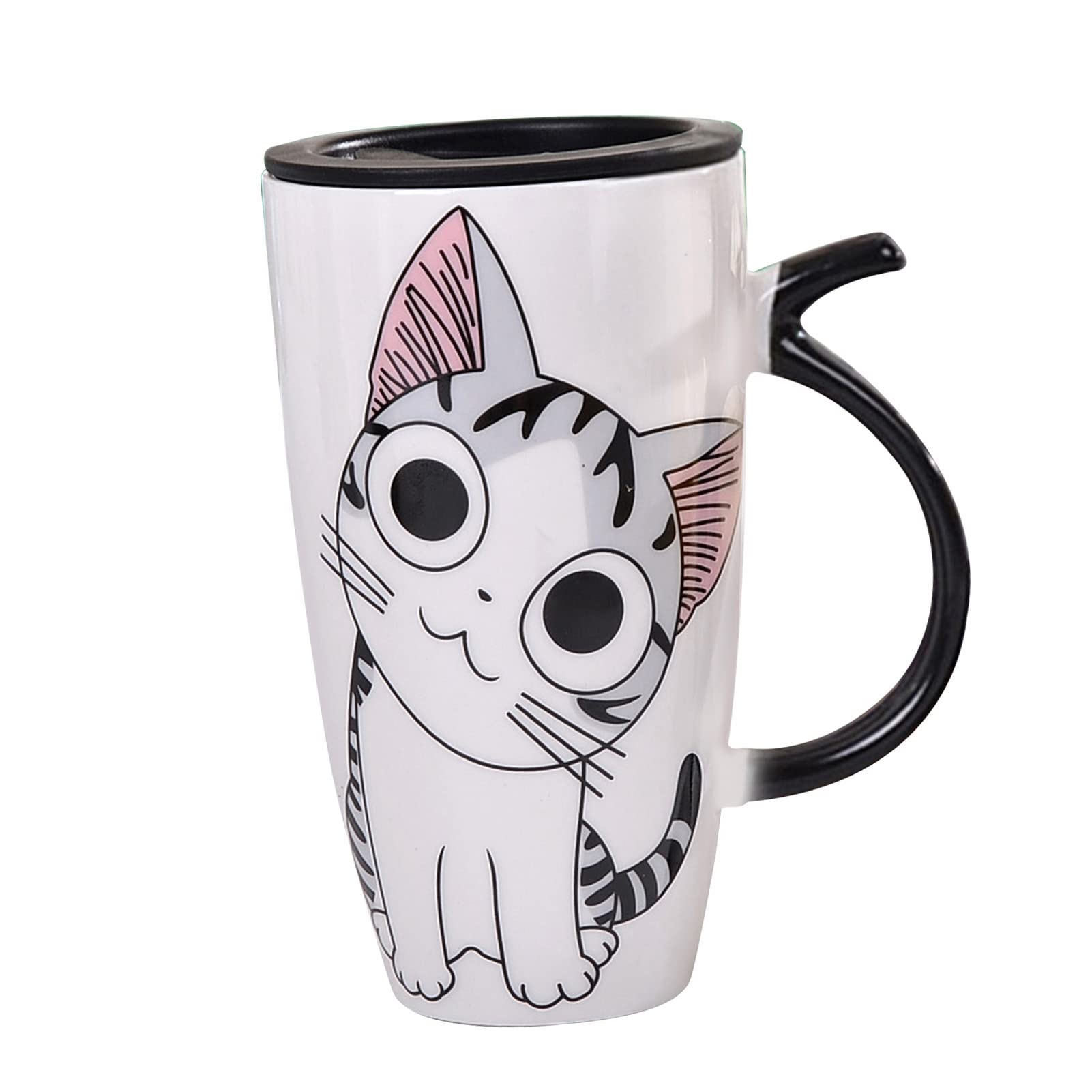 Fdit Large Ceramic Cute Cat Coffee Mug Tall Animal Mug with Lid and Spoon Cat Print Coffee Tea Mug for Home Office School