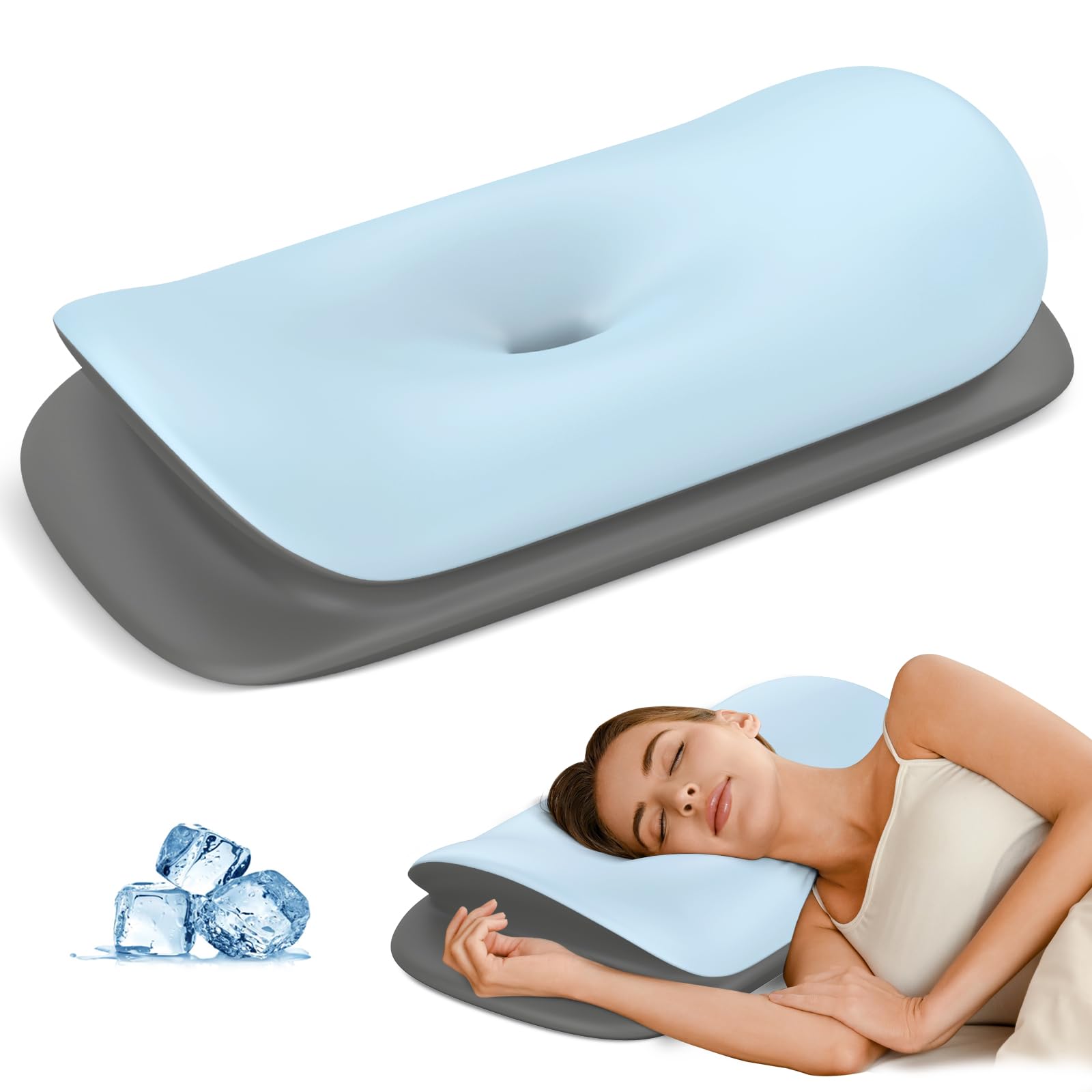 Photo 1 of Cervical Neck Pillow for Pain Relief - Pillow for Neck Support Sleeping for Side, Back & Stomach Sleepers, Ergonomic Memory Foam Contour Pillows with Breathable Cover (Blue&Grey)
