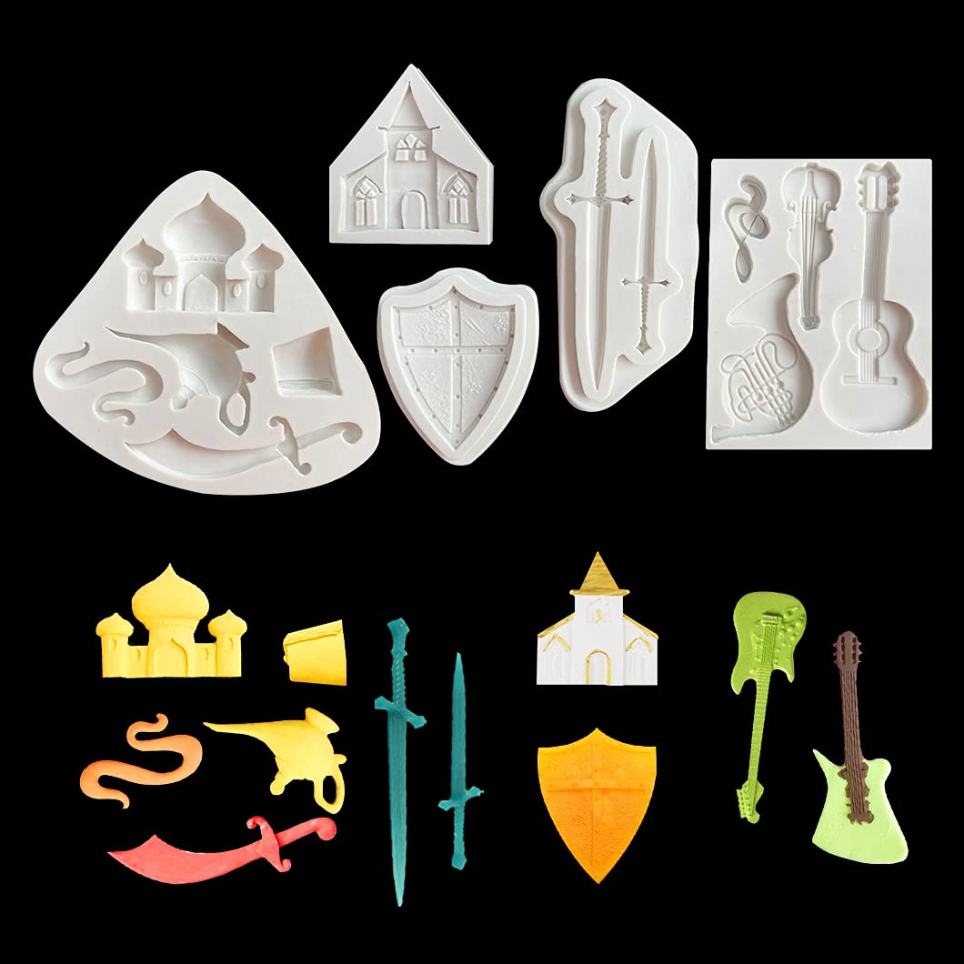 Rolin Roly 5Pcs Castle Fondant Mould Silicone Cake Teapot Moulds Musical Instrument Mold Polymer Clay Non-Stick Molds for DIY Jelly Sugar Pendant Home Decorations