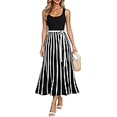 Womens Casual Summer Dresses Formal Sleeveless Crewneck Tie Waist A Line Midi Long Maxi Dress