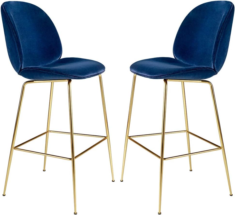 Beetle 26" Modern Bar Stools with High Back [Set of 2] Velvet Upholstered Counter Height Barstools Chairs for Kitchen Dining Room, Blue