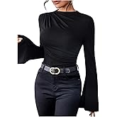 SweatyRocks Women's Ruched Mock Neck Long Ruffle Sleeve Slim Fitted Tops Solid Basic Tee Shirts