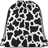 Beabes Drawstring Backpack, Black and White Cow Pattern, Polyester, Waterproof, Lightweight, Gym, Yoga, Swimming, Hiking, 14x16.9 inch, Unisex, Adult
