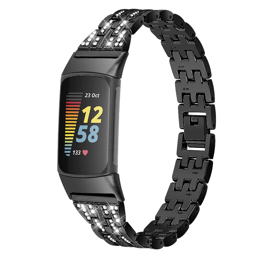 Gimuk Compatible with Fitbit Charge 5 Strap Stainless Steel Metal Bling Rhinestone Sport Replacement Wrist Strap Wristband Bracelet for Fitbit Charge 5 Silver Rose Gold Black (Black) — image 1
