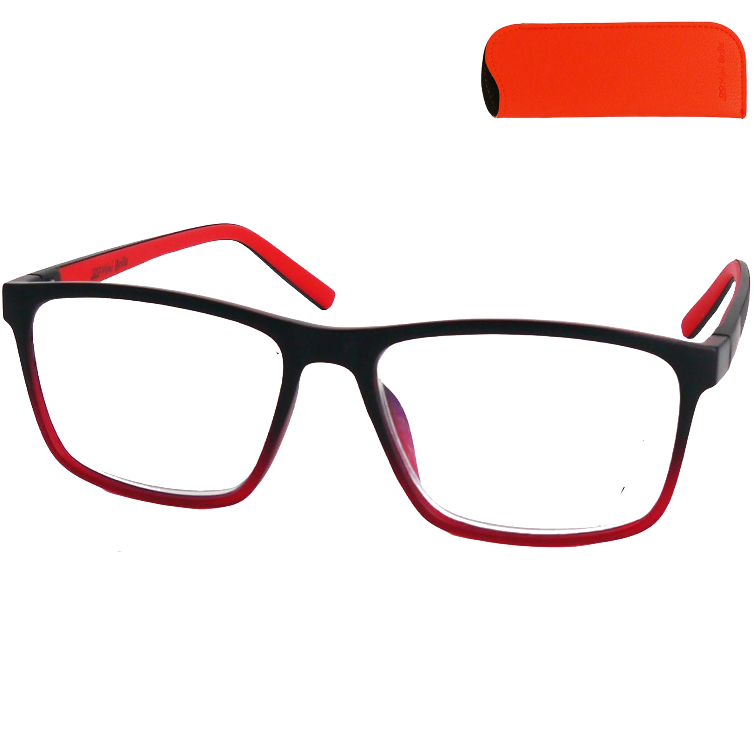 Mini Brille - Flex Reading Glasses with Large Rectangle Lens, Case included, Lightweight Plastic Frame Black with Red Accent, Specs Men and Women +1.50 Magnification