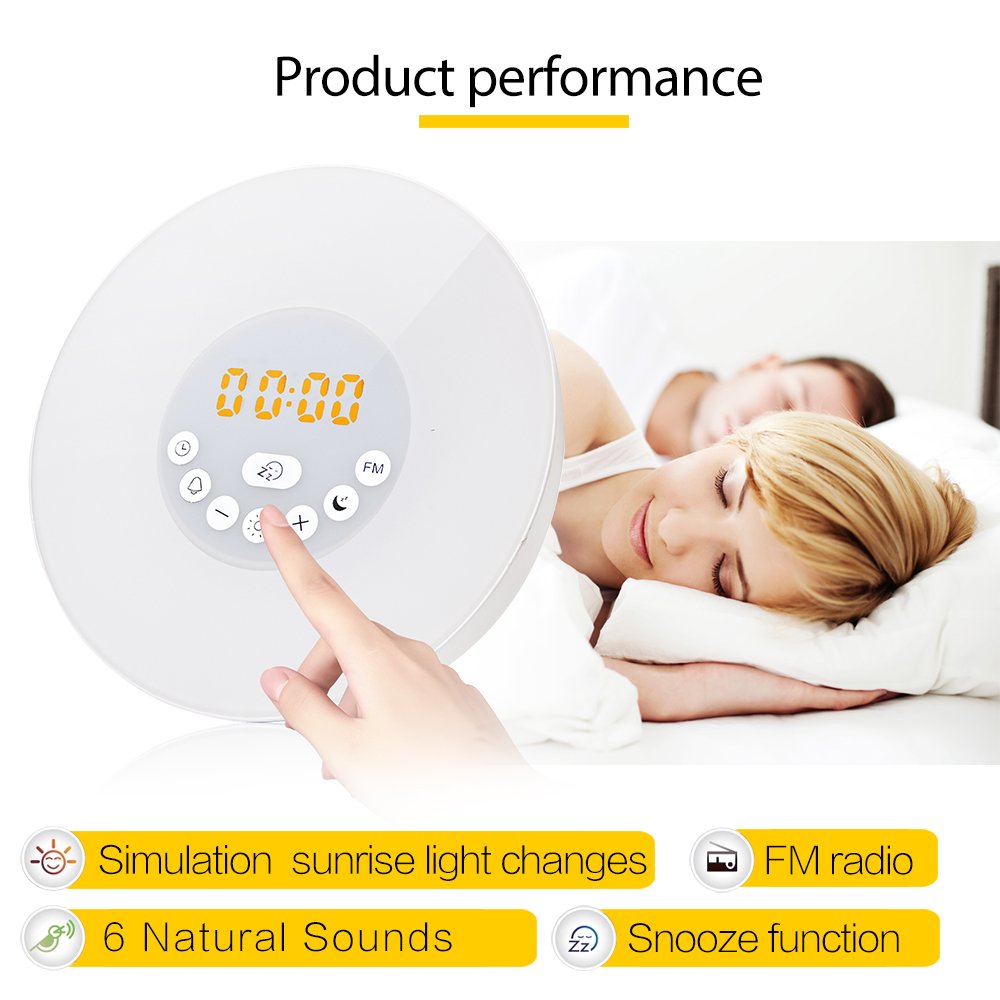 Reliatronic Sunrise Alarm Clock, Wake-Up Light Alarm Clock with 6 Nature Sounds, 7 Colors Light, FM Radio, USB Charger,Touch Control