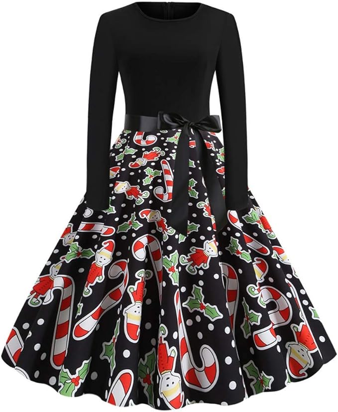 Abito Natale.Donna Vestiti Di Natale Lunga Maniche Abito Natale Vestito Da Donna Stampa Natale Midi Abito Elegante Vintage Abiti Da Santa Natale Party Festa Matrimonio Cocktail Swing Vestito Amazon It Abbigliamento