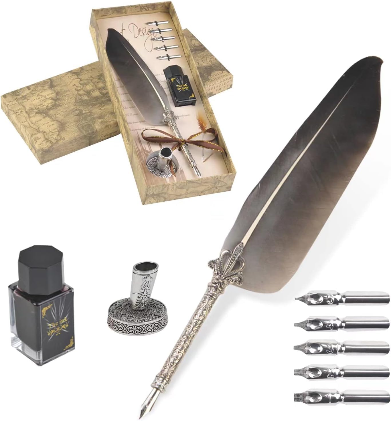 Tyenaza Feather Dip Pen Set, Retro English Calligraphy Feather Writing Quill Ink Dip Pen Kit Stationery Gift Box with Nibs (black)