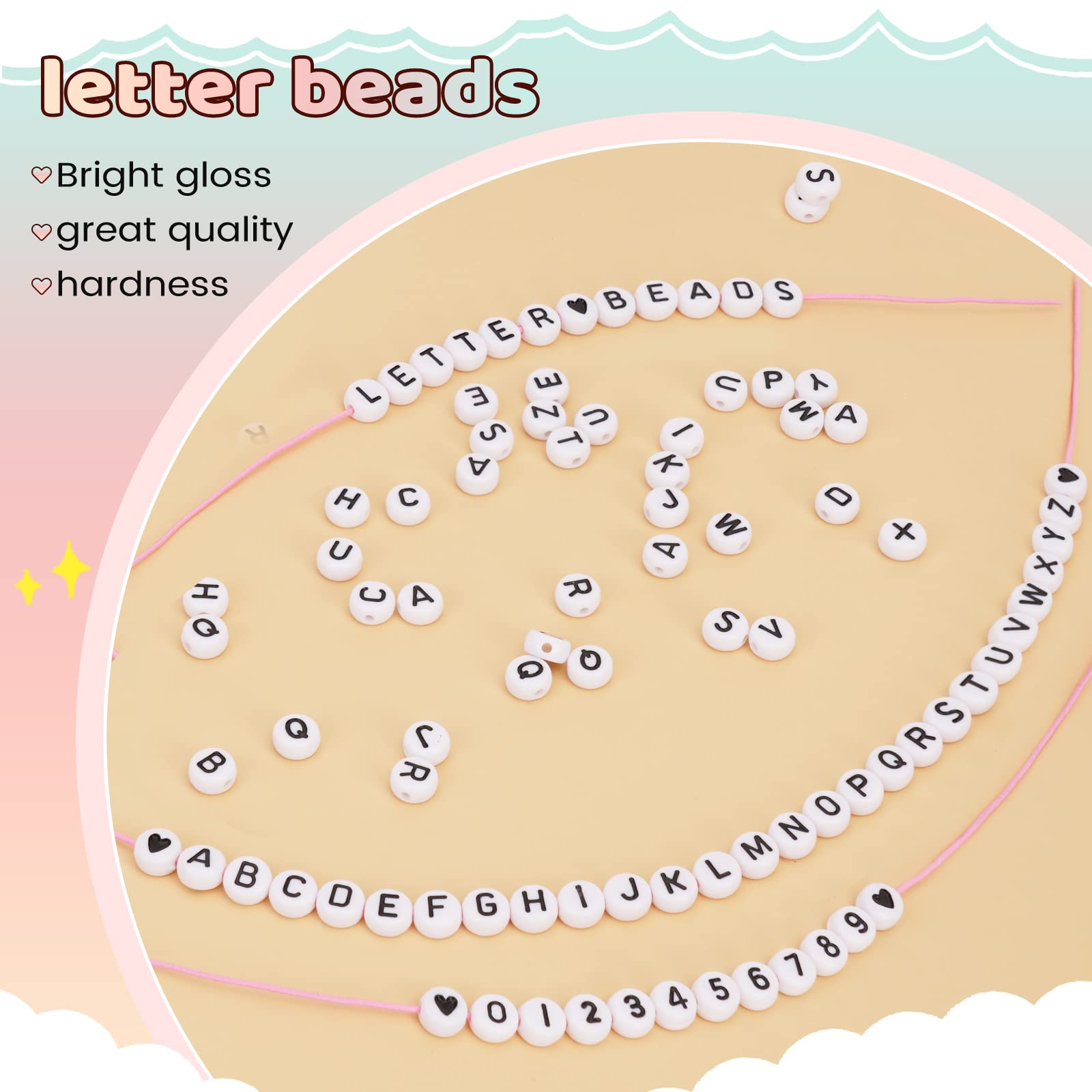 1450 Pieces Letter Beads Kit, 4x7 mm White Acrylic Alphabet Letter Beads for Jewelry Making Number Heart Bead Friendship Bracelet Making