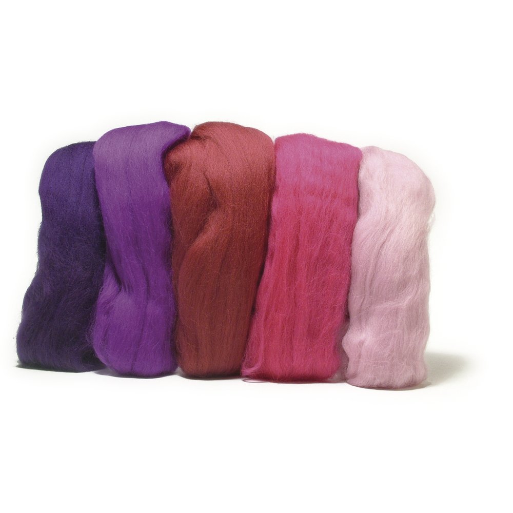 Rayher Set of 5 Super Soft Merino Tops for Felting, Purple and Pink Coloured Roving, 10g each, 100% Merino Wool, 18mic, 5365000 — image 1