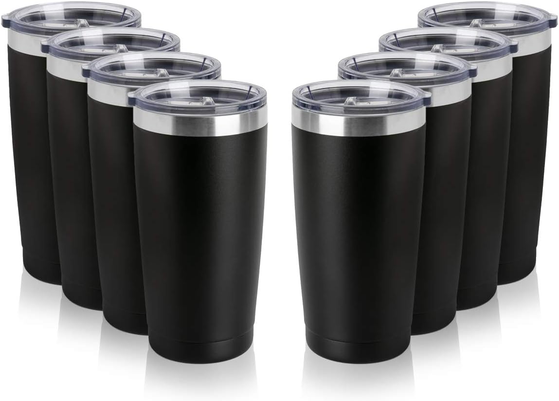 20oz Tumbler Double Wall Vacuum Insulated Coffee Mug Stainless Steel Coffee Cup with Lid, Travel Mug Works Great for Ice Drink, Hot Beverage (8 pack, Black)