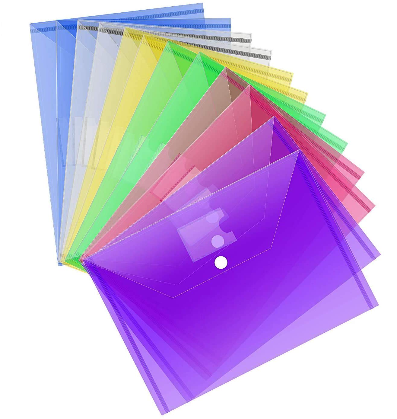 A4 Plastic Document Wallets with Popper 24 Pack ASelected Coloured Envelope File Folders with Pocket for School Office Home Clear Red Blue Yellow Green Purple