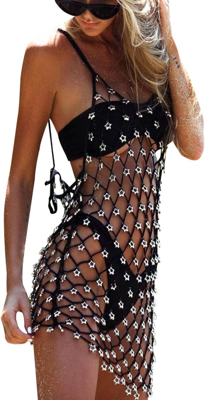 Women's Mesh See through Hollow Fishnet Mini Skirts Beach Bikini Dresses Croche Wrap Cover Up for Swimwear