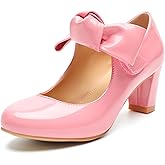 Rjclyh Womens Mary Jane Pumps - 2 Inch Mid Chunky Block Heels with Bow, Round Toe Patent Leather Ankle Strap Dress Shoes for Wedding, Office, Cosplay Pink Patent 9