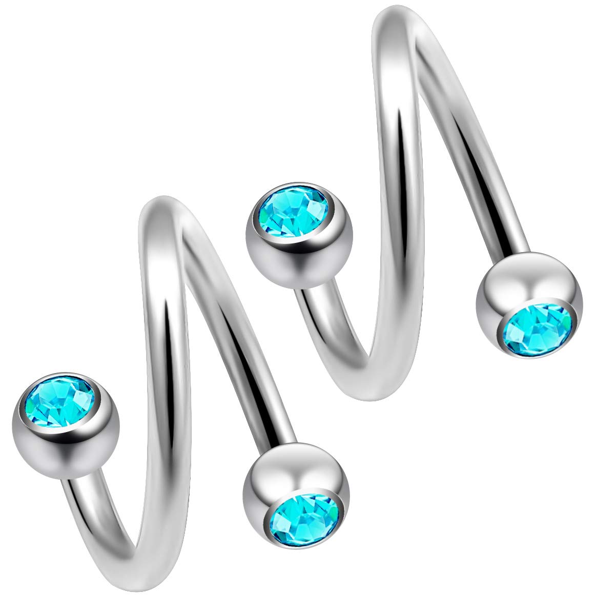 2pc Twisted Barbell 1.2mm 16g Piercing Earrings Helix Cartilage Twist 316LVM Surgical Steel Daith Spiral Navel Bar Banana Button Ring Navel Gauge Twister Body Jewellery CZ Aquamarine Crystal 8mm