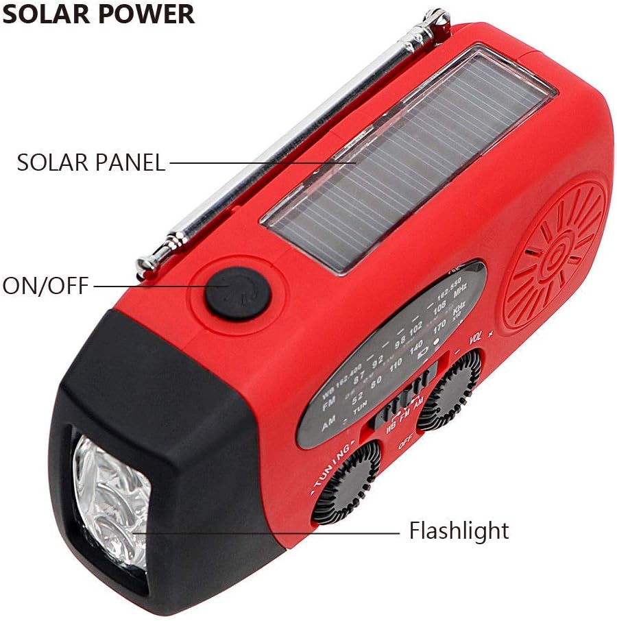 FM/AM/NOAA Weather Radio Hand Crank Self Powered Solar Emergency Radios with 3 LED Flashlight 1000mAh Power Bank Smart Phone Charger (Red): Home Audio & Theater