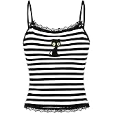 SOLY HUX Women's Y2k Lace Striped Cami Crop Tops Spaghetti Strap Cat Embroidery Camisole