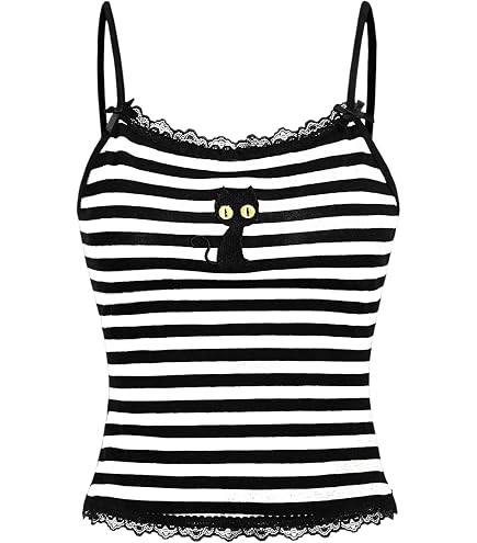 Floerns Women's Sleeveless Cat Embroidery Striped Scoop Neck