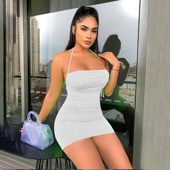 Amazon Hkun ワンピース レディース ノースリーブ タイト ホルターネック セクシー ボディコン ミニドレス キャミソール 大胆 ミニ丈 伸縮性 パーティー エレガント ワンピース チュニック 通販