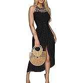 LOVESHOOT Halter Sundresses for Women 2026 Summer Eyelet Ruched Bodycon Midi Dresses Casual Crochet A Line Dress with Slit