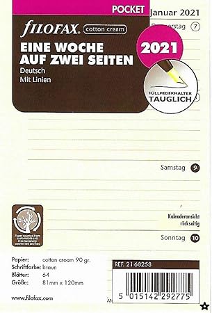 Filofax 2021 Calendar Pocket A7 Calendar 1 Week 2 Pages Cotton Cream Insert Weekly Planner 21 68258 Amazon De Burobedarf Schreibwaren kalender 2021 a7