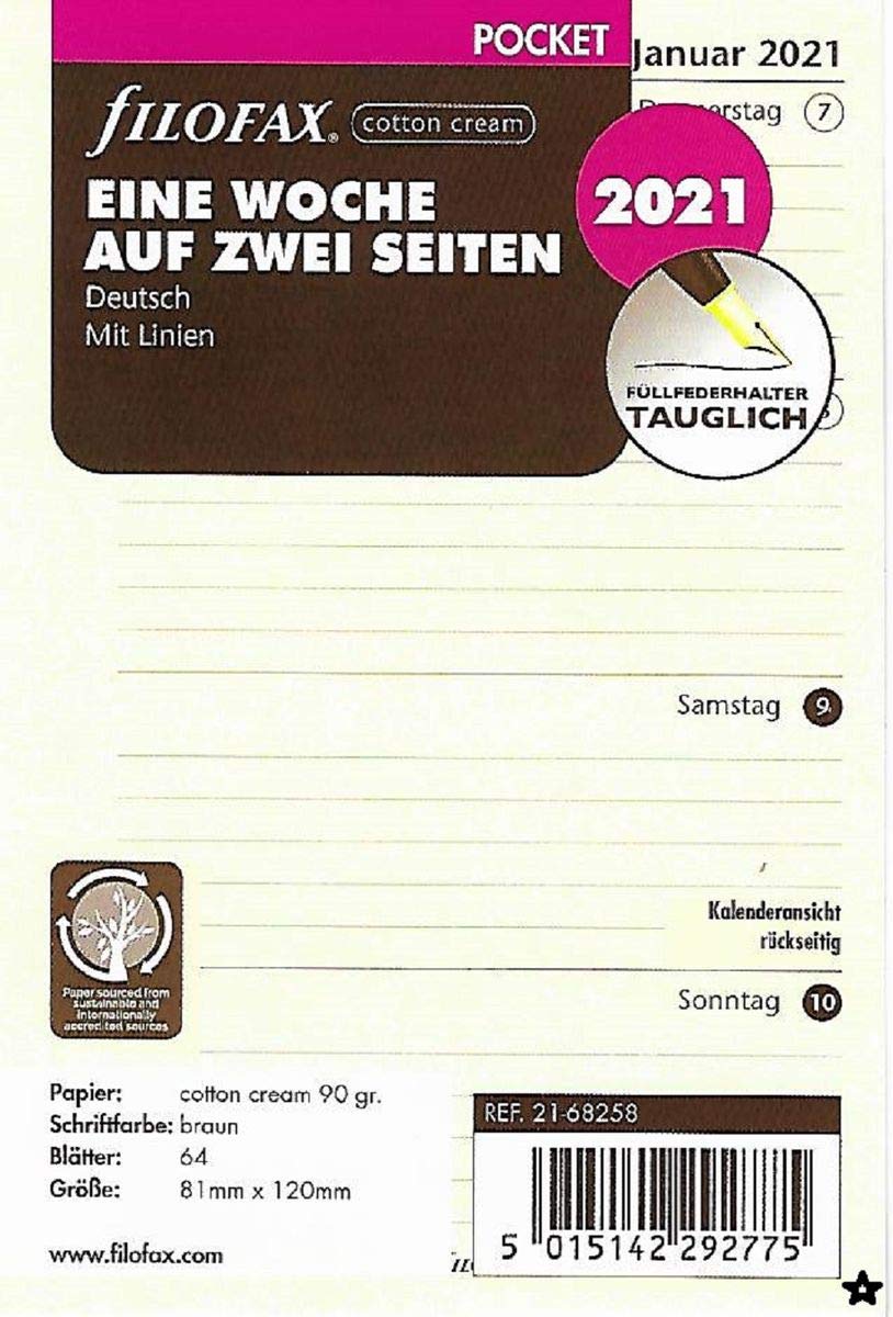 Filofax 2021 Calendar Pocket A7 Calendar 1 Week 2 Pages Cotton Cream Insert Weekly Planner 21-68258