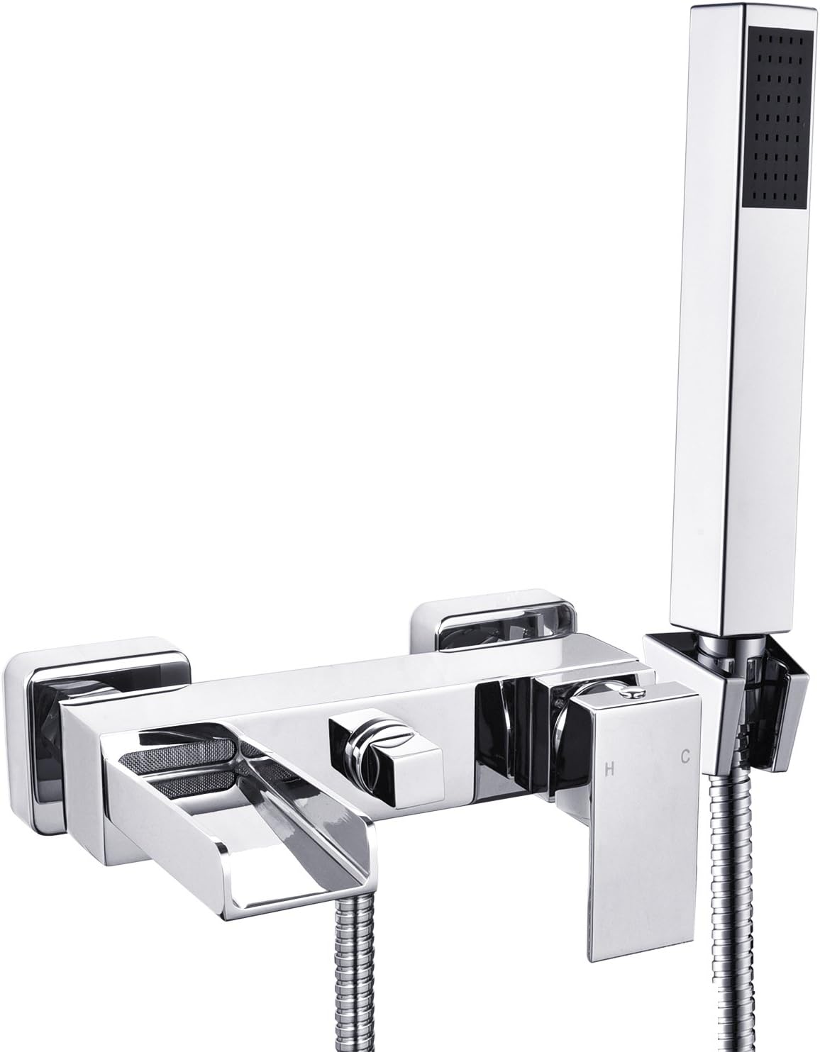Wall Mounted Square Bath Taps with Shower Bathroom Waterfall Shower Taps Chrome Brass