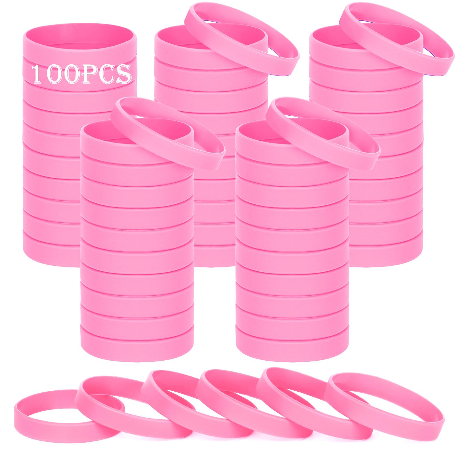 HONTIUS Silicone Wristbands, 100PCS Pink Rubber Wristbands Blank Wrist Bands Universal Wristband Set for Women Men Adult Sport