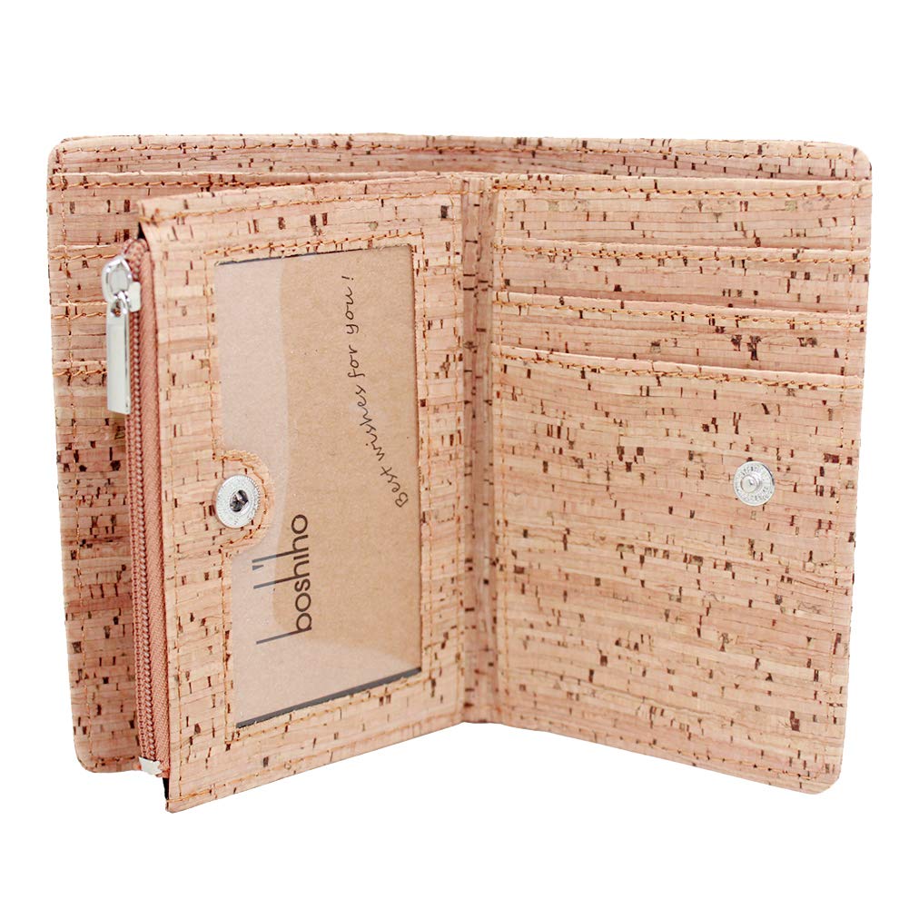 Boshiho Cork Wallet: RFID Blocking Vegan Purse for Men Women Slim Design Bifold Wallet with Credit ID Card Holder Coin Zipper Pocket, Gifts for Vegetarian
