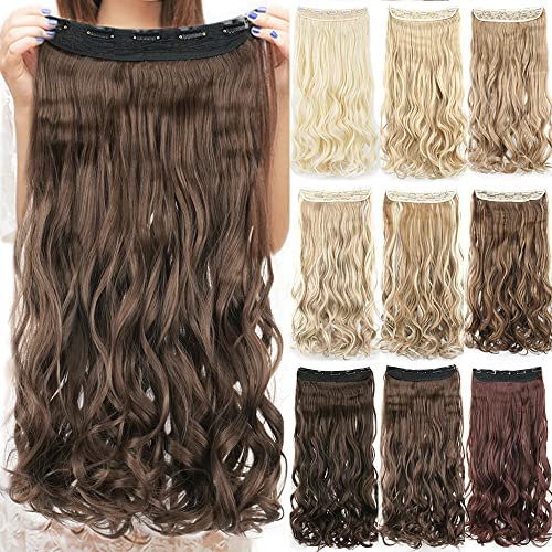IMISSU Long Natural Thick Hair Curly Clip in on Synthetic Hair Extensions Hairpieces for Women (24 Inch,Light Brown)