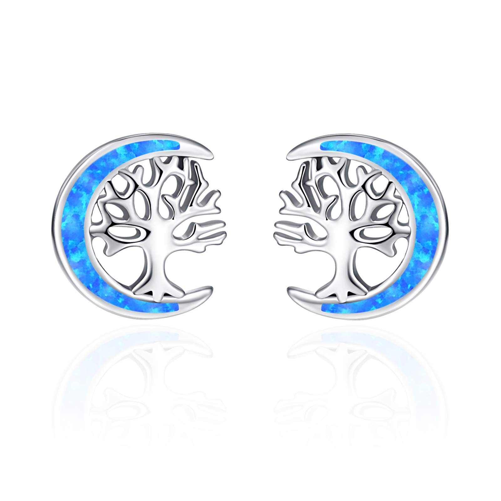 TANGPOET Tree of Life Earrings for Women 925 Sterling Silver Family Tree Stud Earring for Girls, Birthday Jewellery Gifts for Her, Blue Opal