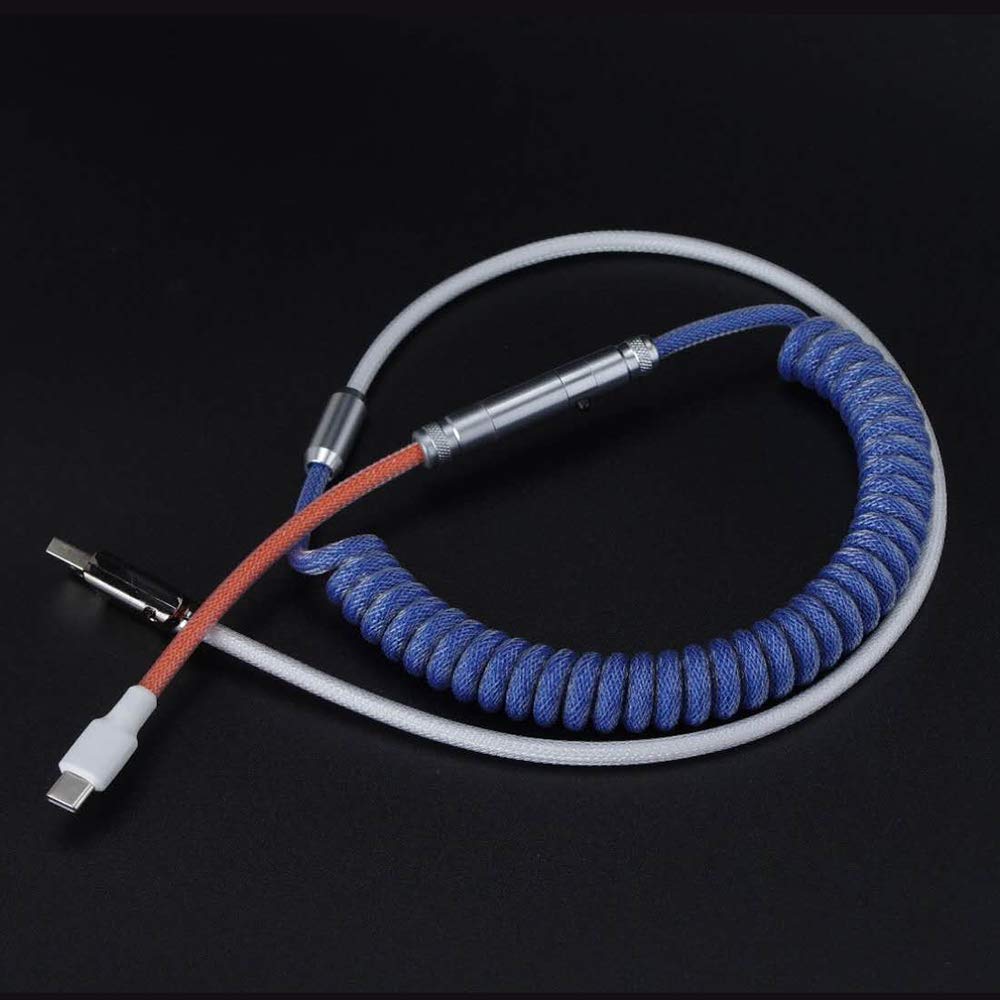 Custom Coiled Type C USB Cable for Mechanical Keyboard XLR Connector Spiral Paracord 80cm Intermediate Version Heat-Shrink Tube (Orange-Dark Blue-White)