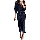 BTFBM Summer Dresses for Women 2026 Long Sleeve V Neck Button Down Elegant Belted Ruched Satin Silk Shirt Spring Dress