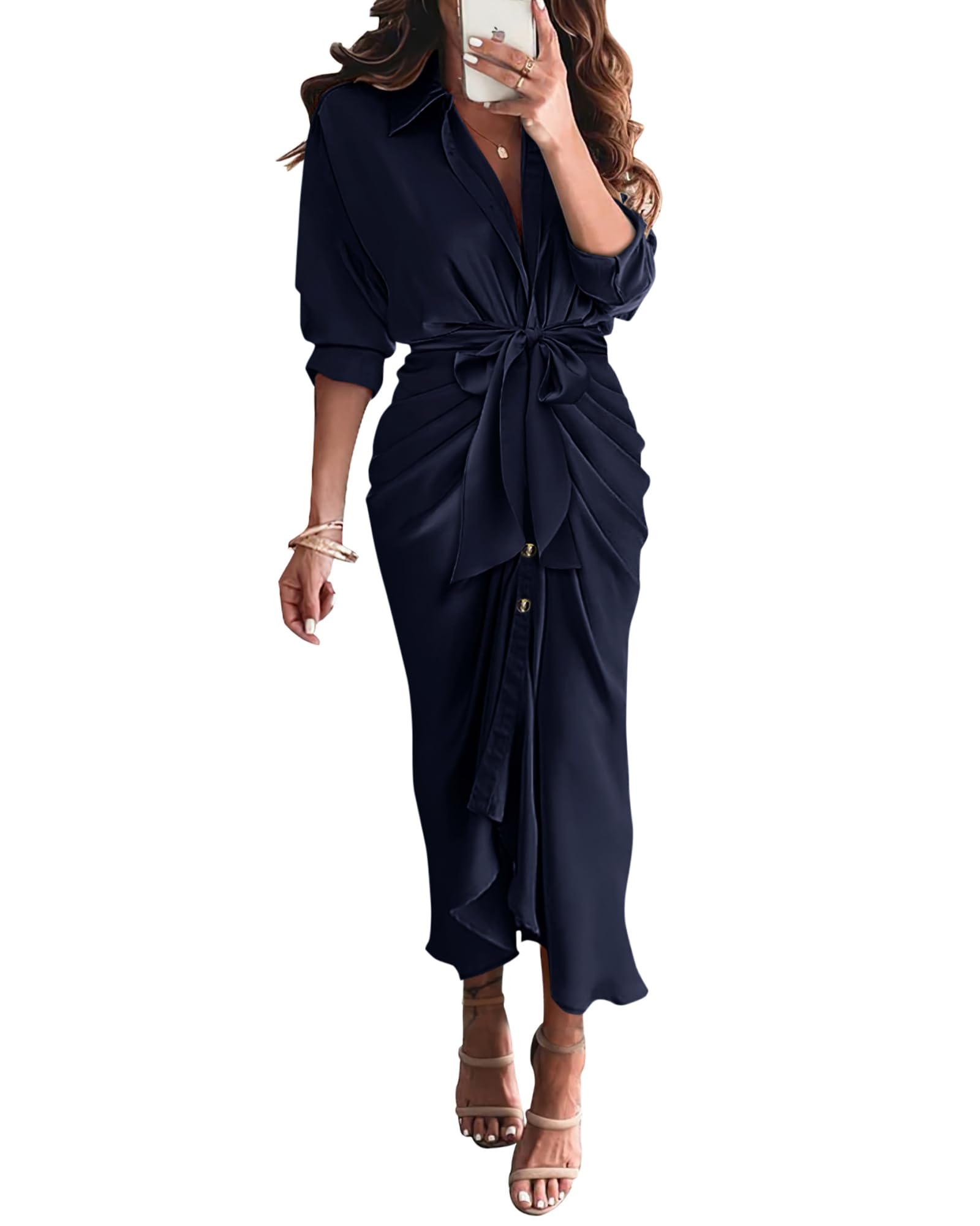 Photo 1 of BTFBM Maxi Dresses for Women Fall 2025 Long Sleeve Lapel Neck Button Down Elegant Satin Belted Ruched Summer Shirt Dress(Navy, Large)