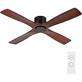 WINGBO 48 Inch Flush Mount DC Ceiling Fan without Lights, 4 Reversible Carved Wood Blades, 6-Speed Noiseless DC Motor, Hugger