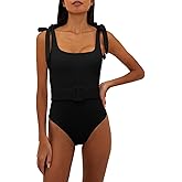 Saodimallsu Womens Sexy One Piece Bathing Suit High Cut Knit Square Neck Tied Strappy Swimsuit with Belt