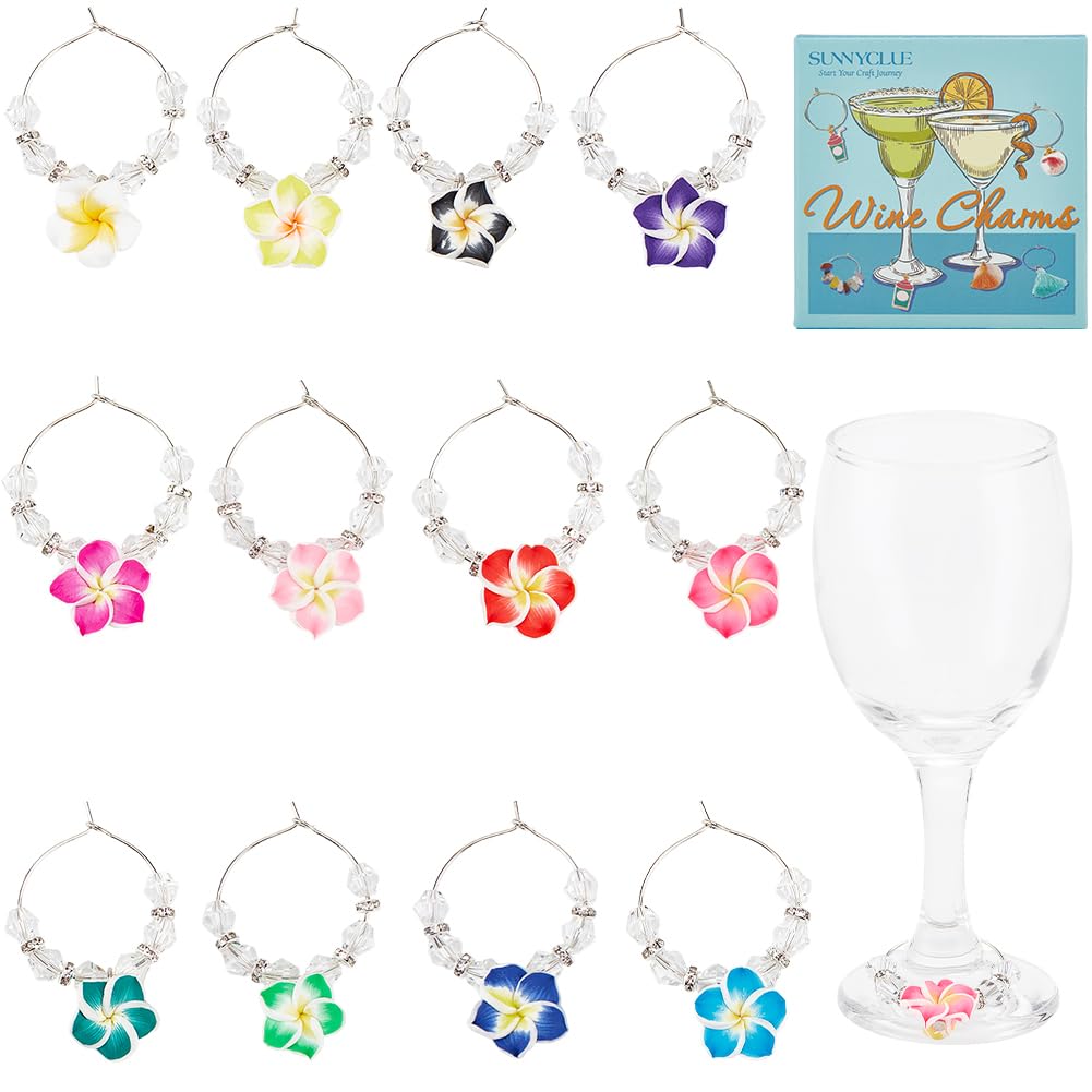 SUNNYCLUE 12Pcs Floral Wine Charm Wine Glass Identifier Charms Brass Colorful Polymer Clay Flower Wine Bead Charms Drink Identifier Tags for Stem Glasses Wedding Drinks Wine Tasting Party Decoration