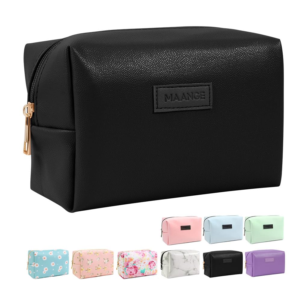 Small Makeup Bag MAANGE Travel Cosmetic Bag Makeup Pouch PU Leather Make up Bag Portable Versatile Zipper Make up Bag for Women (Black) — image 1